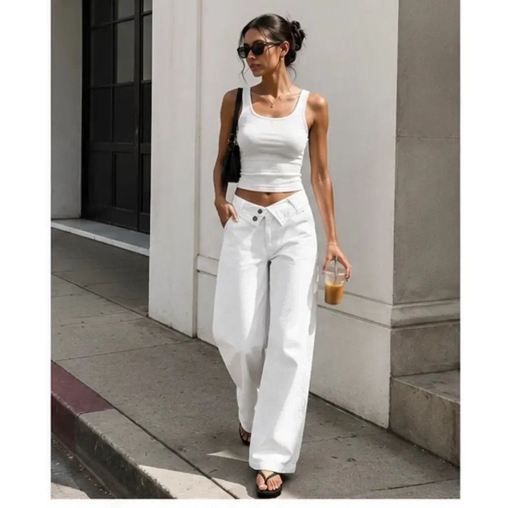 EB Denim White Asymmetric Fold Over Waist Wide Leg Jeans Size 27 Made USA - Picture 5 of 12